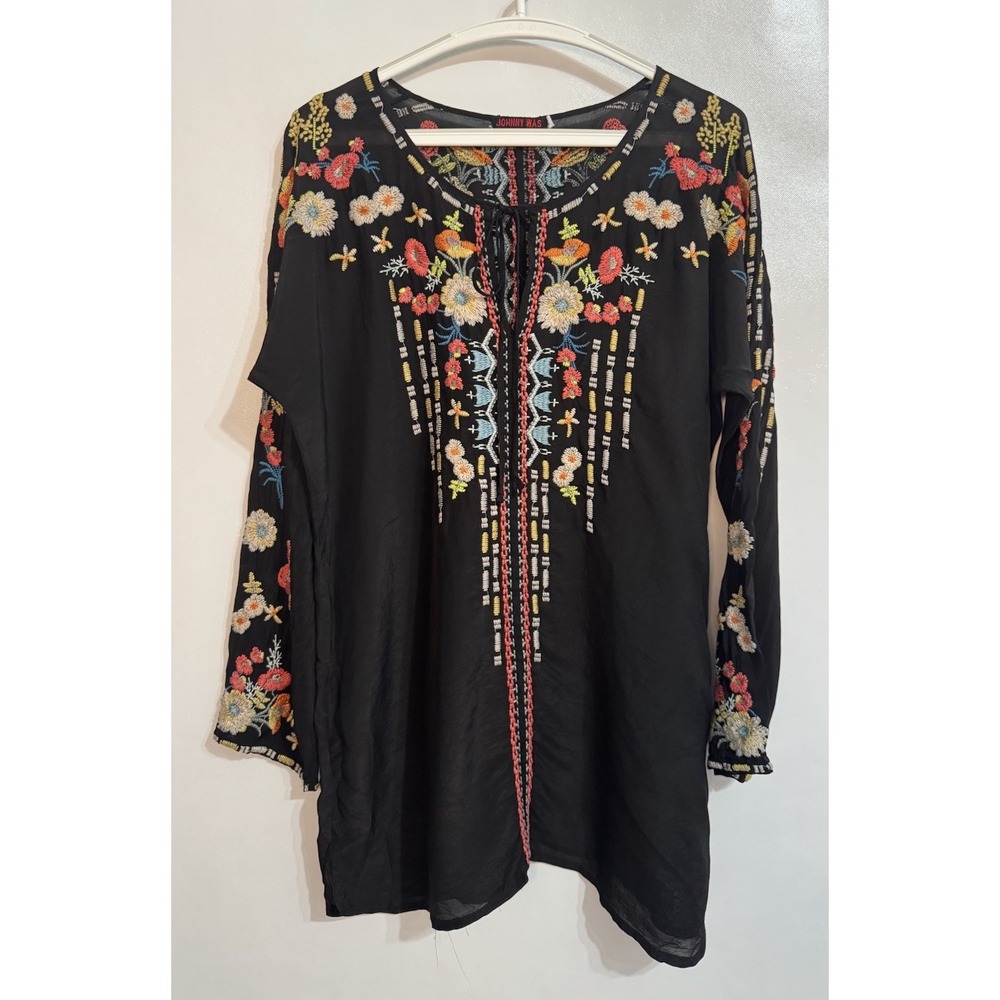 Johnny Was M Black 100% Cupra Rayon Colorful Floral Graphic Embroidered Tunic